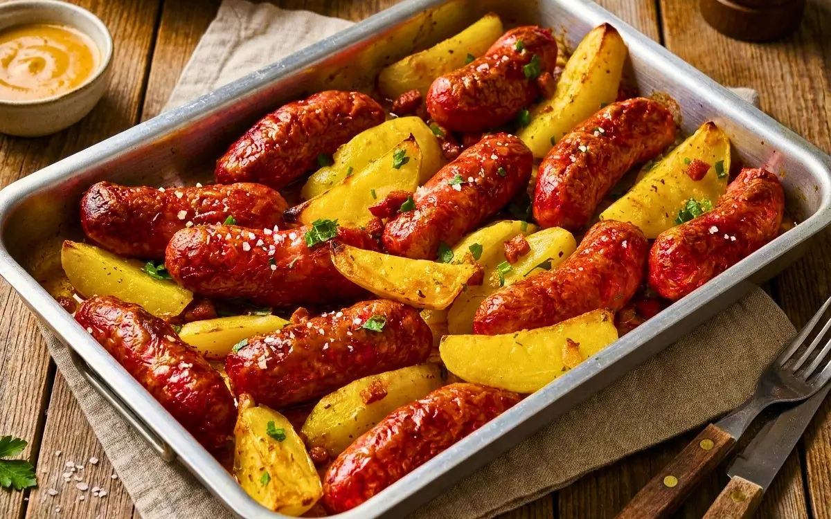 Linguiça com Batatas e Bacon de Forno