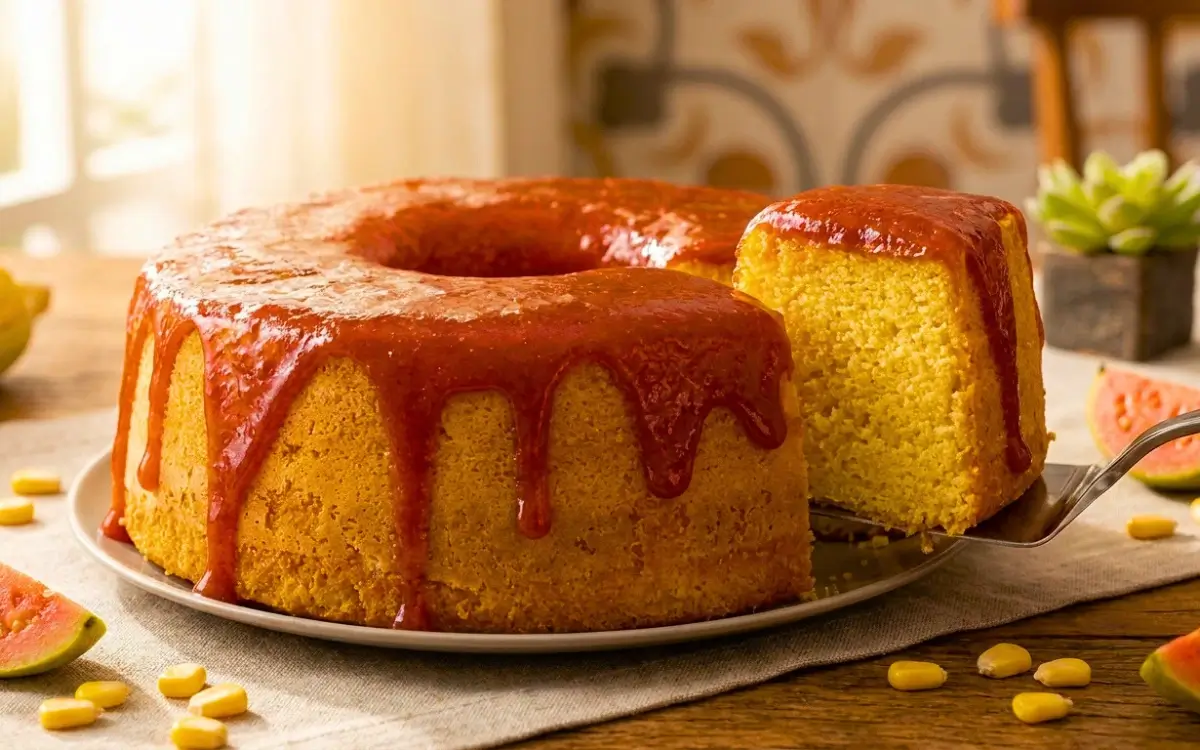 Delicioso Bolo de Fubá Fofinho com Calda de Goiabada Irresistível