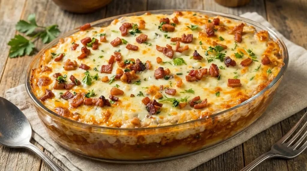 Frango Gratinado com Bacon e Purê Cremoso de Batata