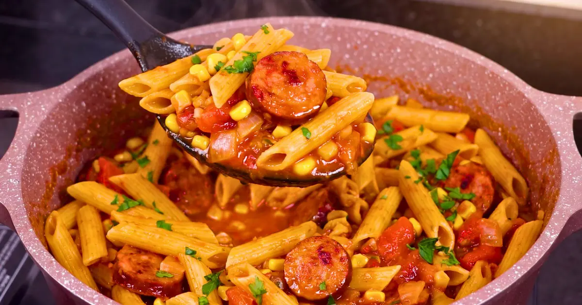 Macarronada de Uma Panela Só com Calabresa e Creme de Leite